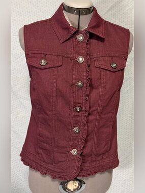 Christopher & Banks Sleeveless Ruffled Denim Vest in Burgundy